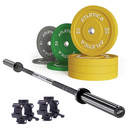 Delta Langhantel Set - Hantelstange in Tripple Black, Color Bumper Plates 90 kg und Aluminium Verschlüsse 