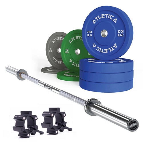 Delta Langhantel Set - Hantelstange in Chrome, Color Bumper Plates 110 kg und Aluminium Verschlüsse