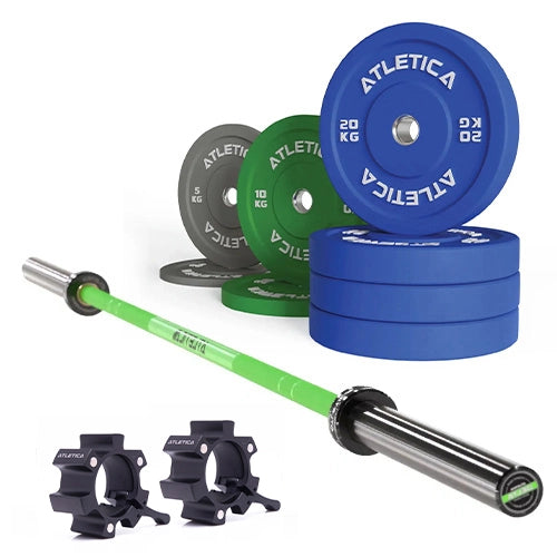 Delta Langhantel Set - Hantelstange in Electric Green, Color Bumper Plates 110 kg und Aluminium Verschlüsse 