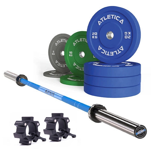 Delta Langhantel Set - Hantelstange in Electric Blue, Color Bumper Plates 110 kg und Aluminium Verschlüsse