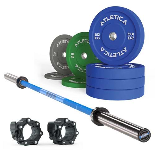Gryf Delta Electric Blue w zestawie | Kolorowe talerze obciażeniowe Bumper 110 kg | Zaciski Pro