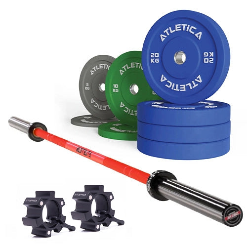 Delta Langhantel Set - Hantelstange in Electric Red, Color Bumper Plates 110 kg und Aluminium Verschlüsse 