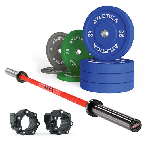 Sada olympijské osy Delta Electric Red | Barevné bumper kotouče 110 kg | Hliníkové uzávěry