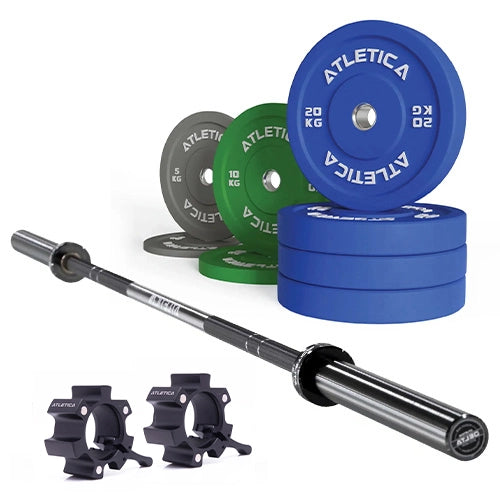 Delta Langhantel Set - Hantelstange in Tripple Black, Color Bumper Plates 110 kg und Aluminium Verschlüsse 