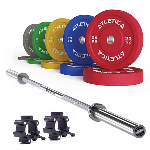 Delta Langhantel Set - Hantelstange in Chrome, Color Bumper Plates 150 kg und Aluminium Verschlüsse