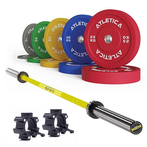 Delta Langhantel Set - Hantelstange in Electric Yellow, Color Bumper Plates 150 kg und Aluminium Verschlüsse