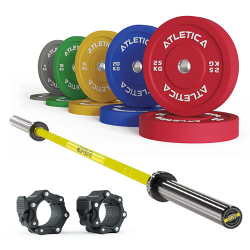 Delta Electric Yellow-vægtstangssæt | 150 kg farvede bumper plates | Aluminiumslåse