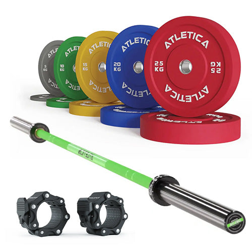 Delta Langhantel in Electric Green im Set mit 150kg Color Bumper Plates und Kautschuk Verschlüssen