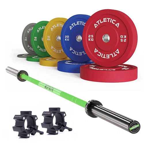 Delta Langhantel Set - Hantelstange in Electric Green, Color Bumper Plates 150 kg und Aluminium Verschlüsse