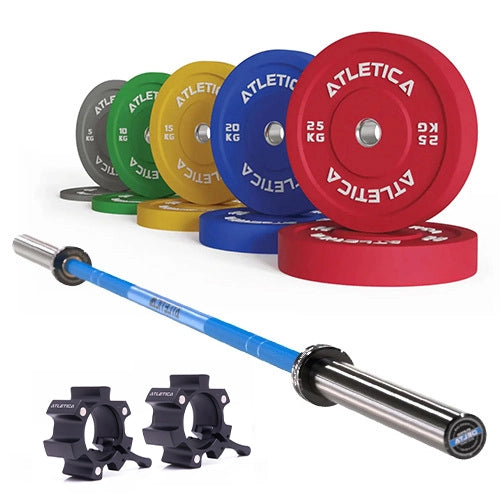 Delta Langhantel Set - Hantelstange in Electric Blue, Color Bumper Plates 150 kg und Aluminium Verschlüsse