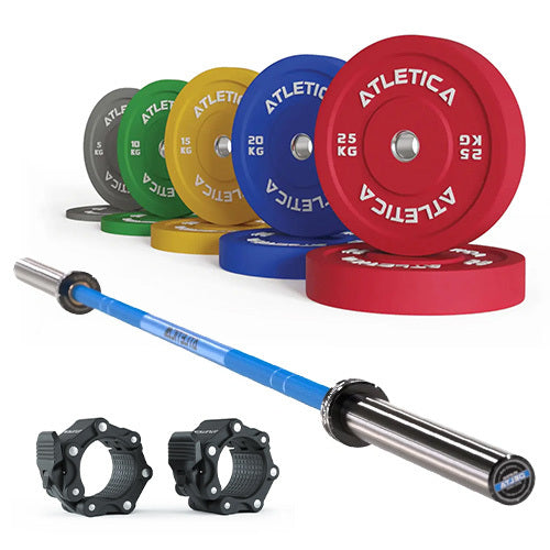 Sada olympijské osy Delta Electric Blue | Barevné bumper kotouče 150 kg | Hliníkové uzávěry
