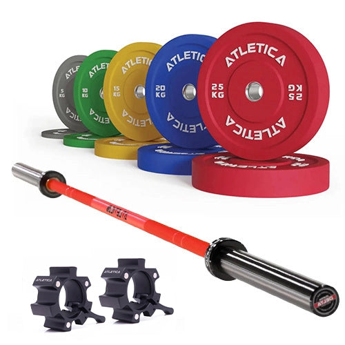 Delta Langhantel Set - Hantelstange in Electric Red, Color Bumper Plates 150 kg und Aluminium Verschlüsse