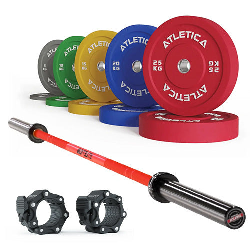 Sada olympijské osy Delta Electric Red | 150 kg Color bumper kotouče | Hliníkové uzávěry činek