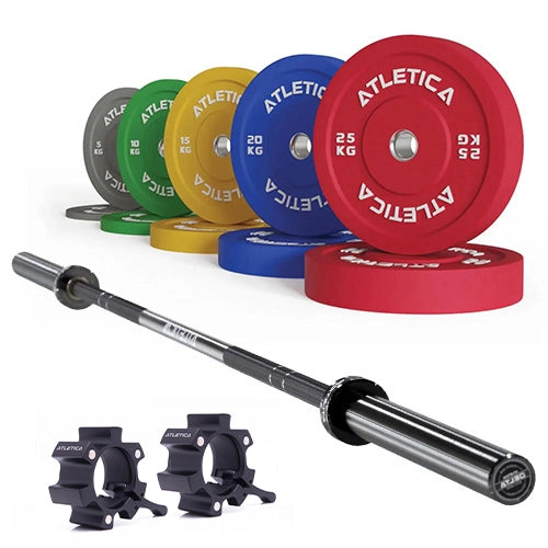 Delta Langhantel Set - Hantelstange in Tripple Black, Color Bumper Plates 150 kg und Aluminium Verschlüsse
