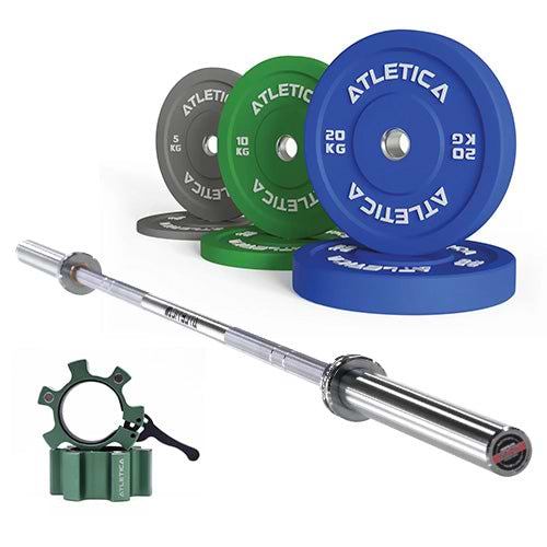 Atletica Langhantel Set: Yota Hantelstange in Chrome, 70kg Color Bumper Plates und grüne Verschlüsse