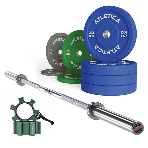 Atletica Langhantel Set: Yota Hantelstange in Chrome, 110kg Color Bumper Plates und grüne Verschlüsse