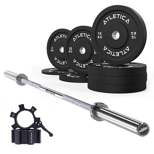 Set barre olympique Omega | Disques bumper noirs 90 kg | Colliers en aluminium