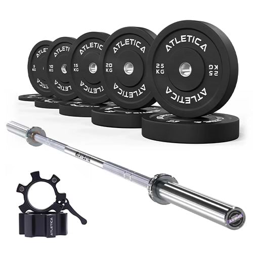 Langhantel Omega mit 150kg Bumper Plates und Aluminiumverschlüsse