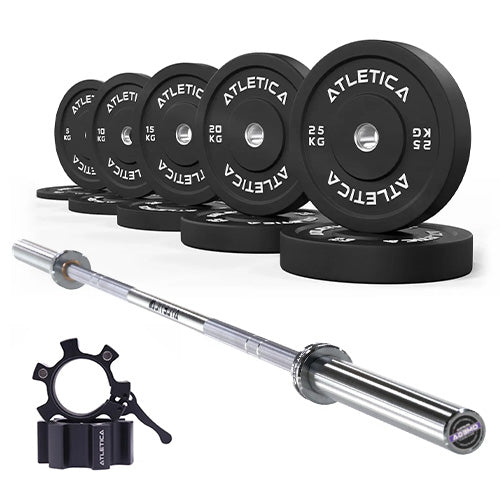 Langhantel Omega mit 150kg Bumper Plates und Aluminiumverschlüsse