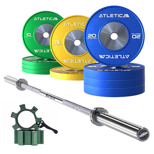 Atletica Omega Langhantel Set – mit Aluminium Verschlüssen und Competition Bumper Plates 150 kg für Weightlifting
