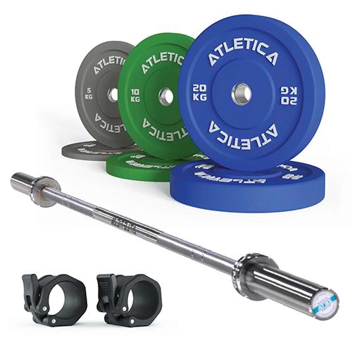 Atletica Langhantel Set: Zeta Hantelstange, 70kg Color Bumper Plates und Kautschuk Verschlüsse