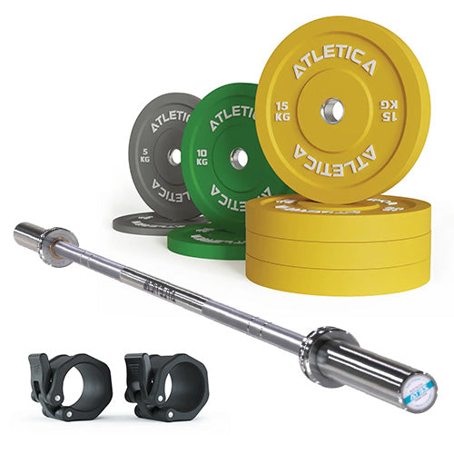 Atletica Langhantel Set: Zeta Hantelstange, 90kg Color Bumper Plates und Kautschuk Verschlüsse
