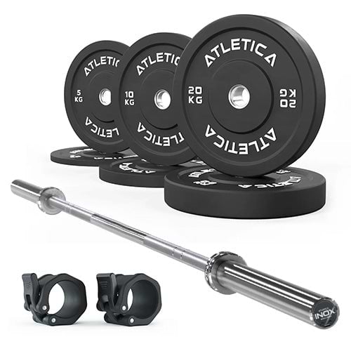 Atletica Set Inox – Langhantel mit Bumper Plates 70 kg Set und Verschlüssen für Gewichtheben