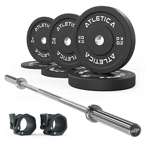 Atletica Set Inox – Langhantel mit Bumper Plates 70 kg Set und Verschlüssen für Gewichtheben