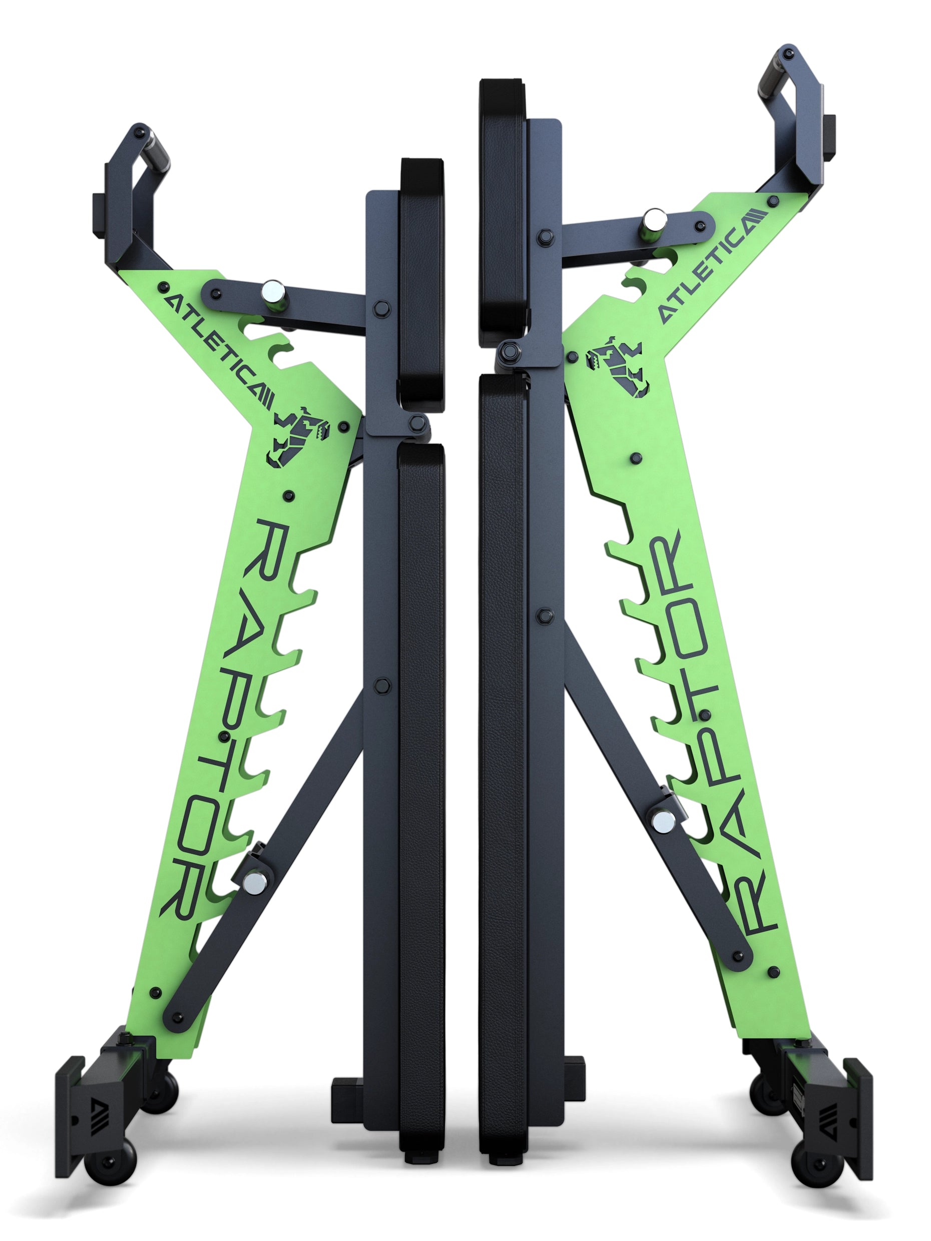 Raptor Hantelbank mit Zahnplatte in Electric Green: platzsparende, vertikale Aufbewahrung