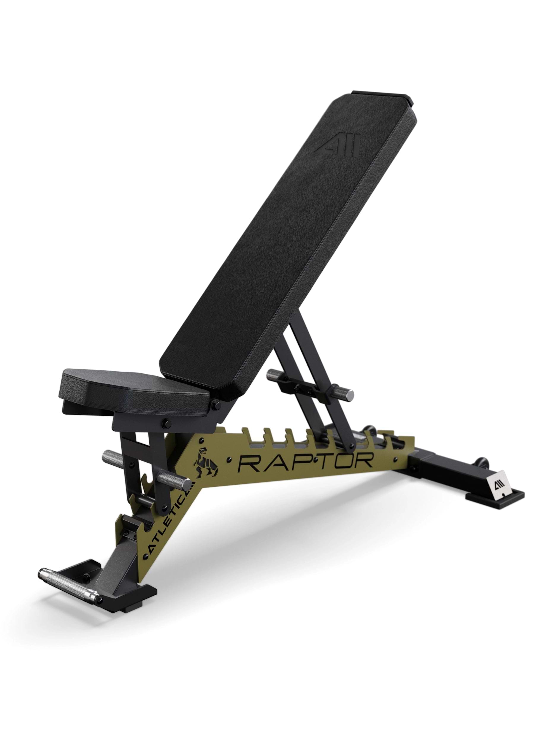 Atletica Hantelbank Raptor mit Schwarz Leder Polster und Zahnplatte in Military Green