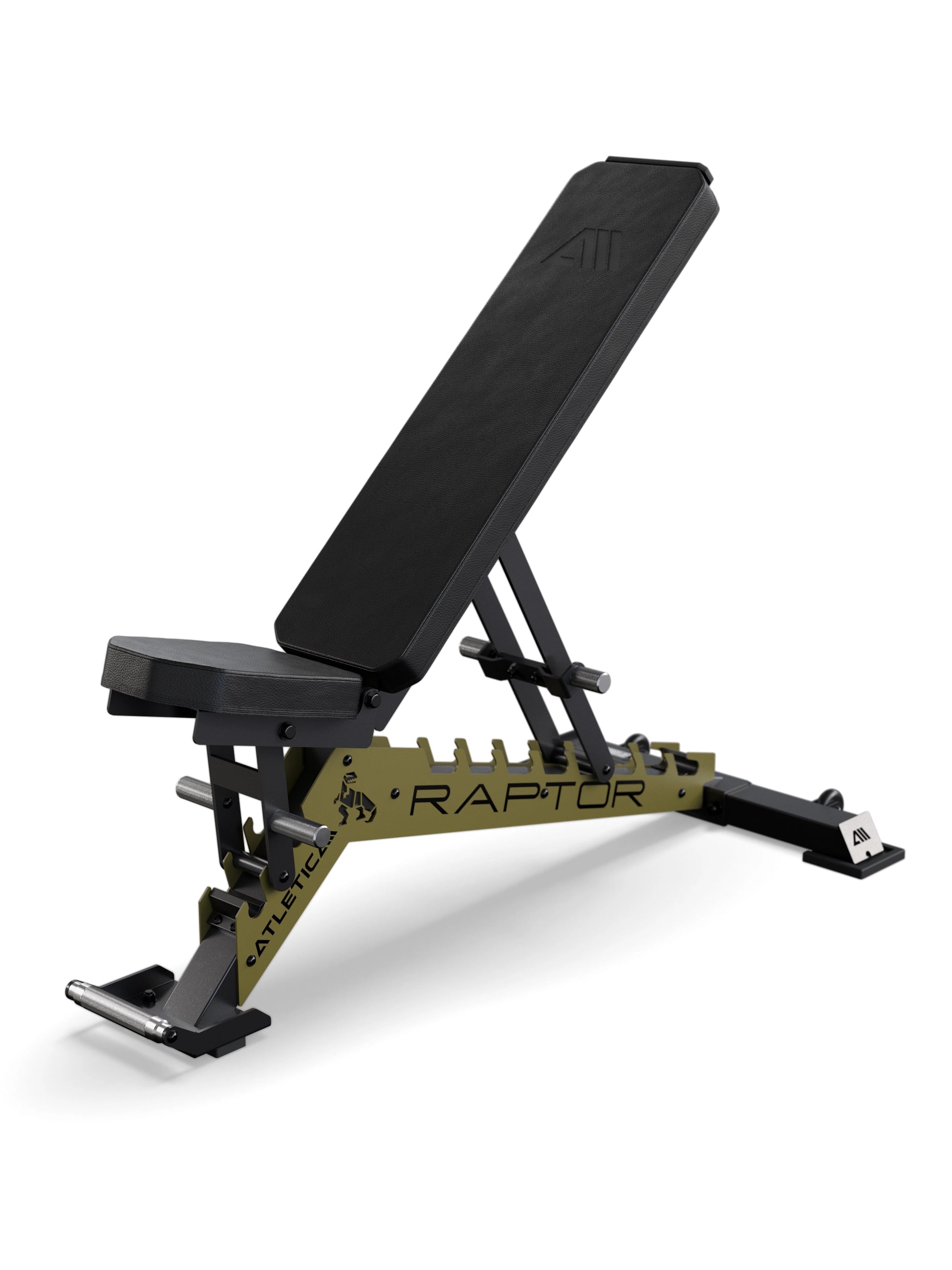 Atletica Hantelbank Raptor mit Schwarz Leder Polster und Zahnplatte in Military Green
