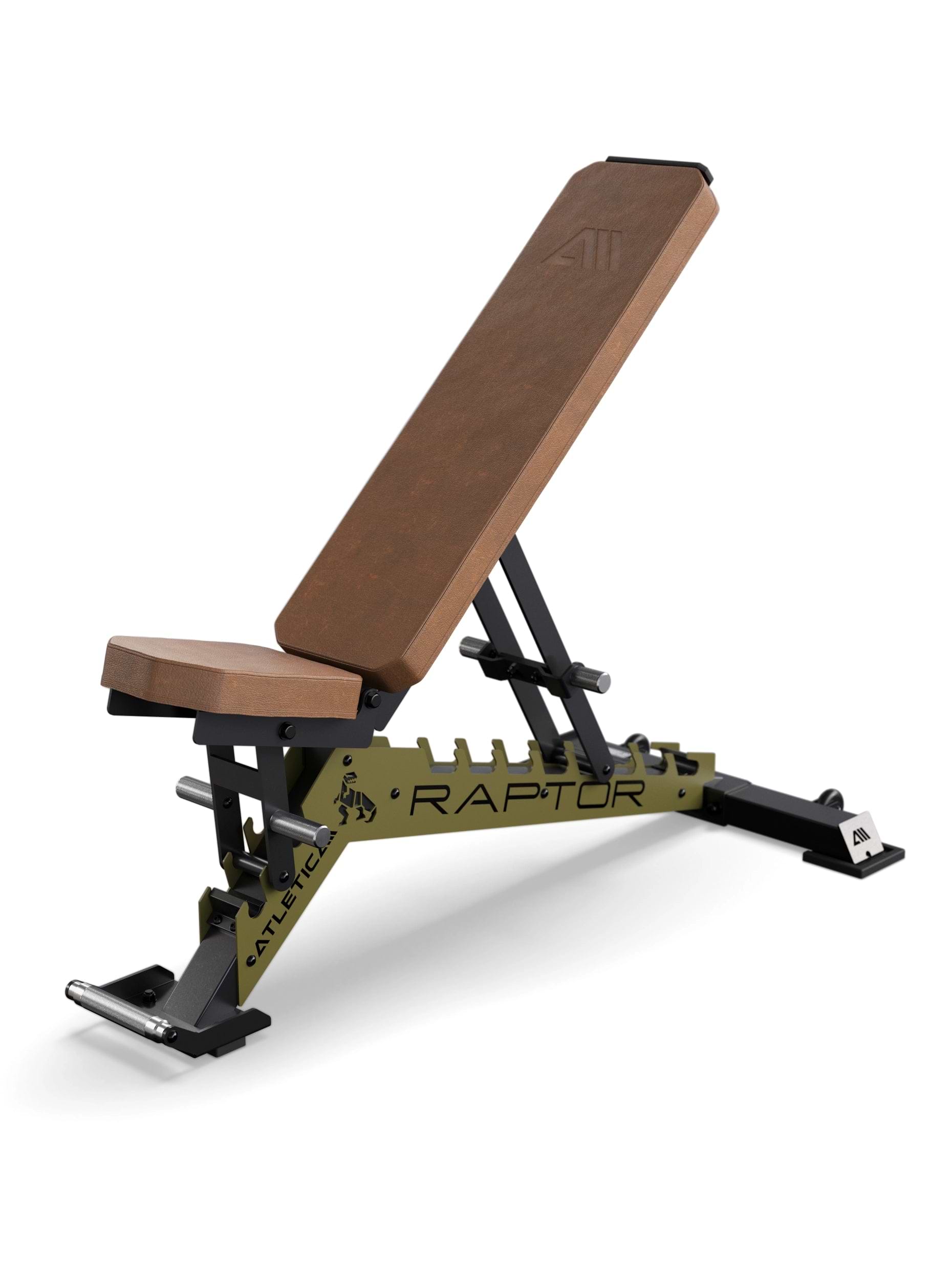 Atletica Hantelbank Raptor mit Braun Leder Polster und Zahnplatte in Military Green