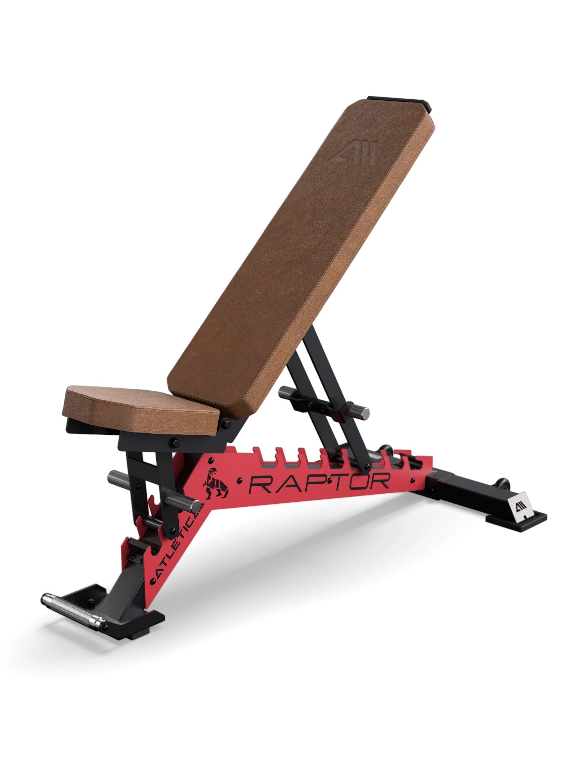Atletica Hantelbank Raptor mit Braun Leder Polster und Zahnplatte in Sportscar Red