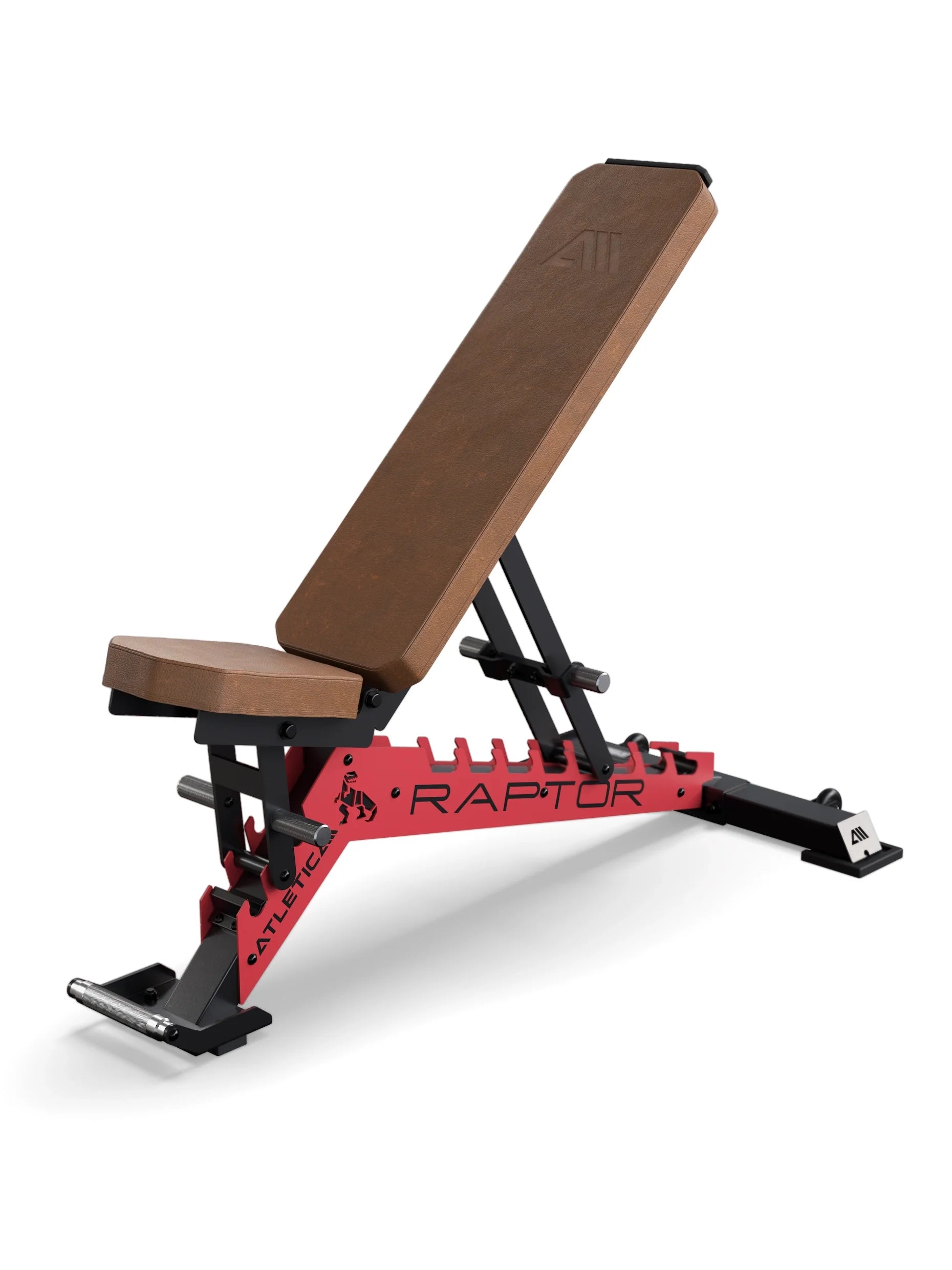 Atletica Raptor verstellbare Hantelbank - braune Polsterung, Zahnplatte Sportscar Red, farblich auf das Rack abgestimmt