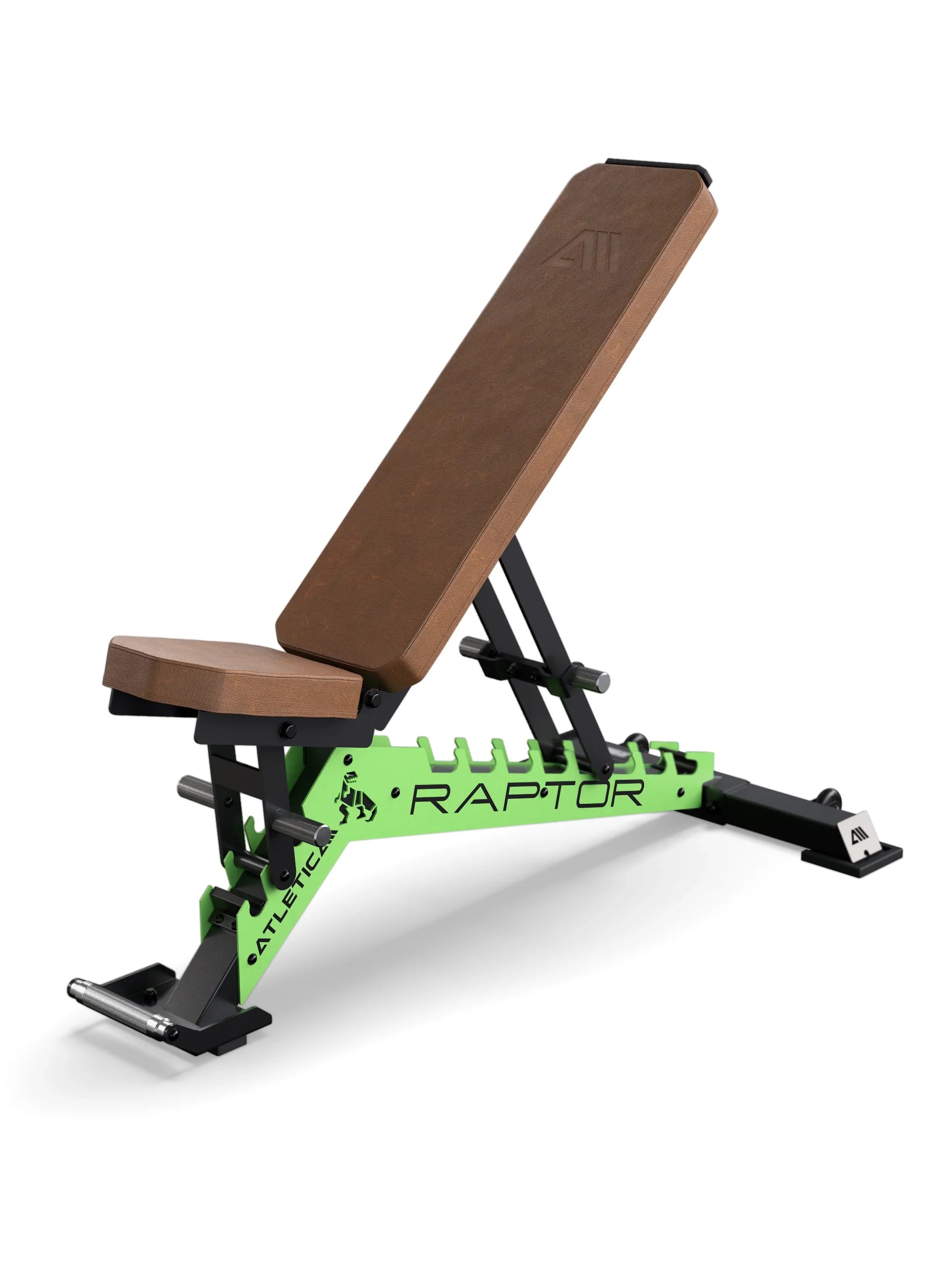 Atletica Raptor verstellbare Hantelbank - braune Polsterung, Zahnplatte Electric Green, farblich auf das Rack abgestimmt