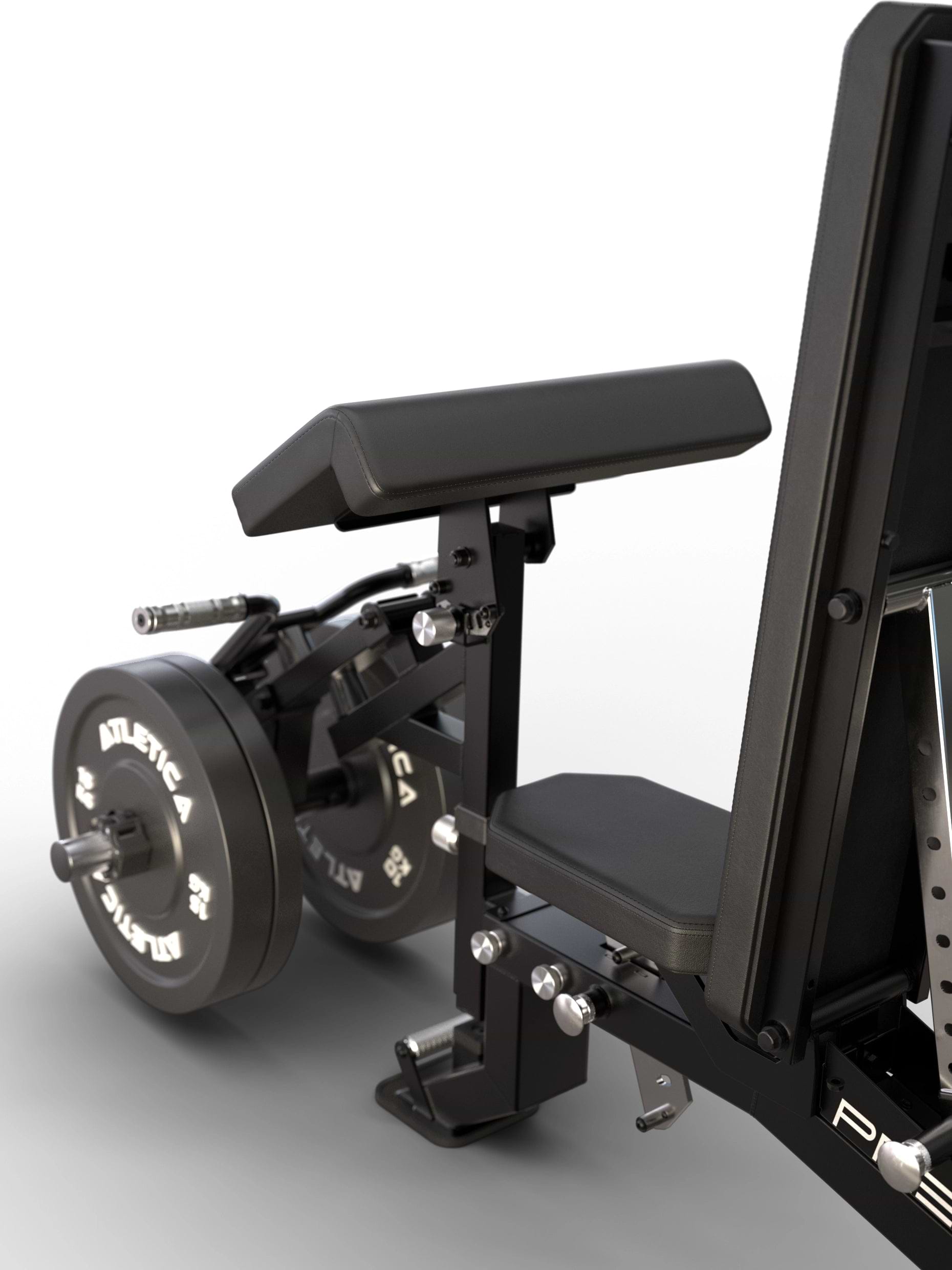 Atletica Predator modulare Hantelbank - EVO Arm Option mit aufgelegten Bumper Plates für isoliertes Bizepstraining