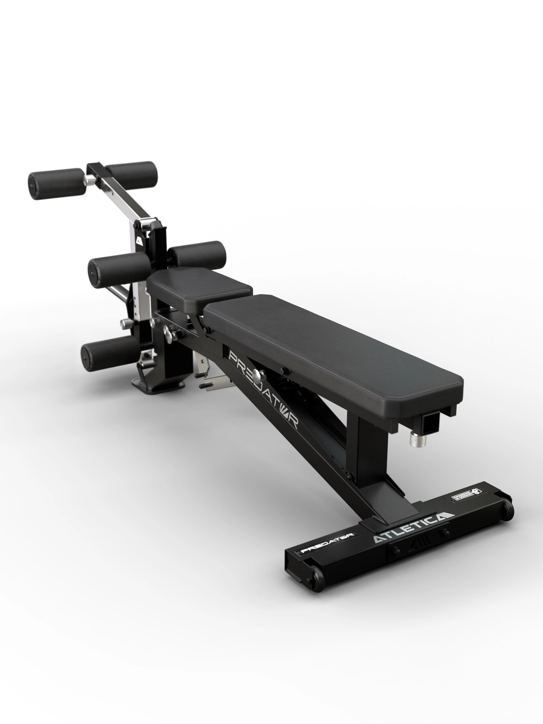 Atletica Predator modulare Hantelbank - EVO Leg Blocker in Flachbank-Position mit gepolsterten Fußrollen für sicheren Halt bei Situps