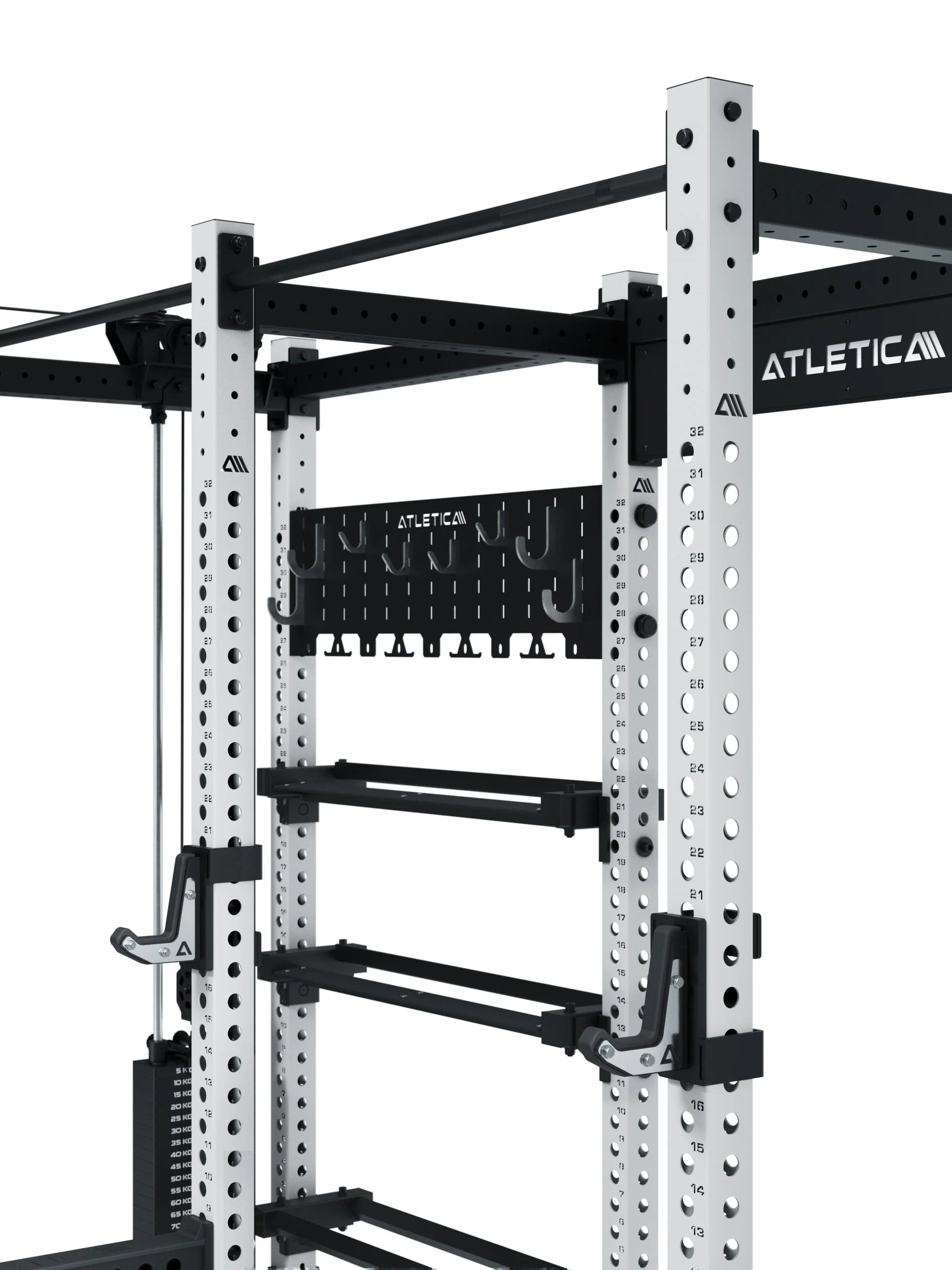 R8 Falcon L Power Rack in Weiß – Detailansicht Kabelzug, Gewichtsblock und Hantelscheibenhalter