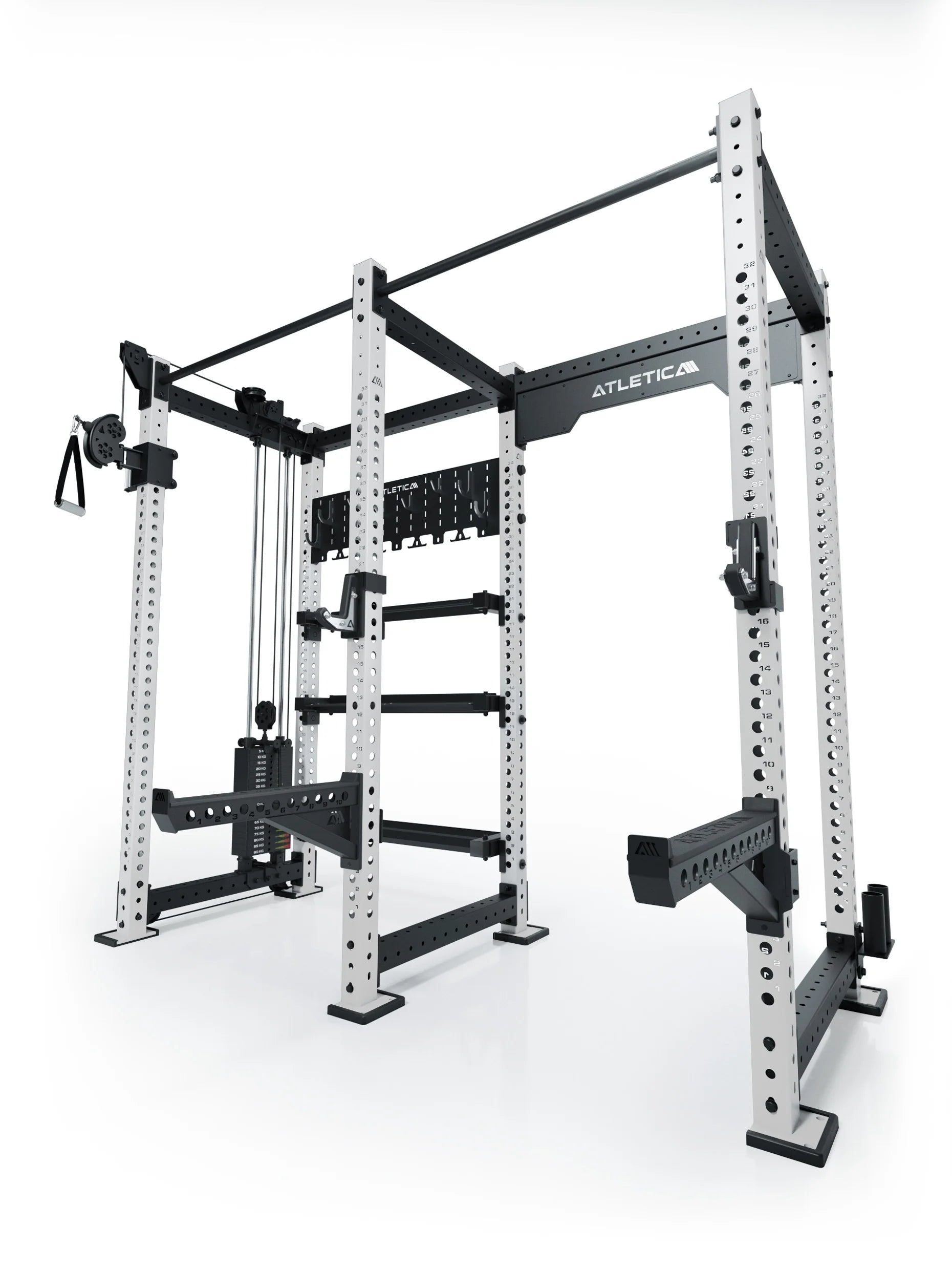 Atletica R8 Falcon L Power Rack in Weiß mit Kabelzug, 95 kg Gewichtsblock, Klimmzugstangen und Storage-System für Hantelscheiben, Kurzhanteln und Langhanteln