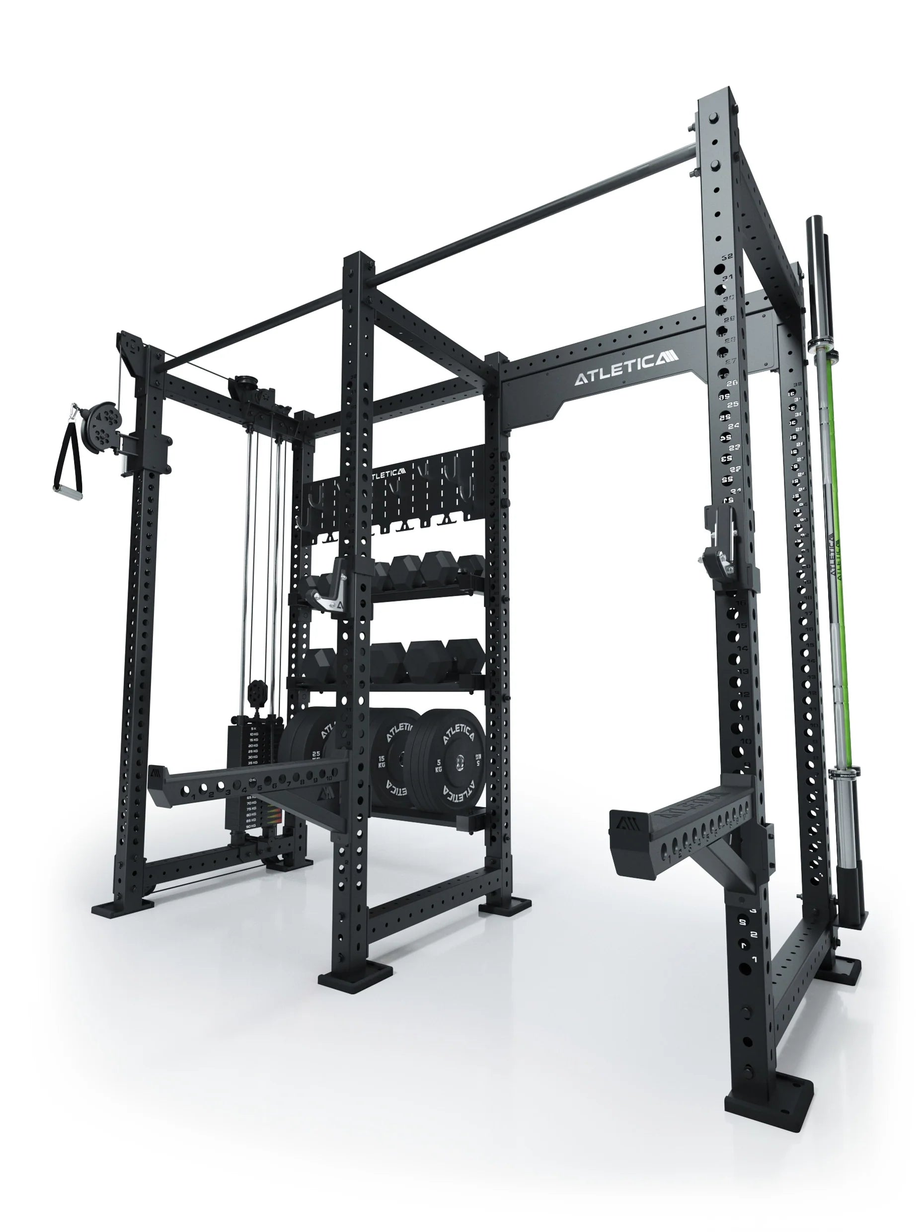 Atletica R8 Falcon L Power Rack in Schwarz mit Kabelzug, 95 kg Gewichtsblock, Klimmzugstangen und Storage-System für Hantelscheiben, Kurzhanteln und Langhanteln