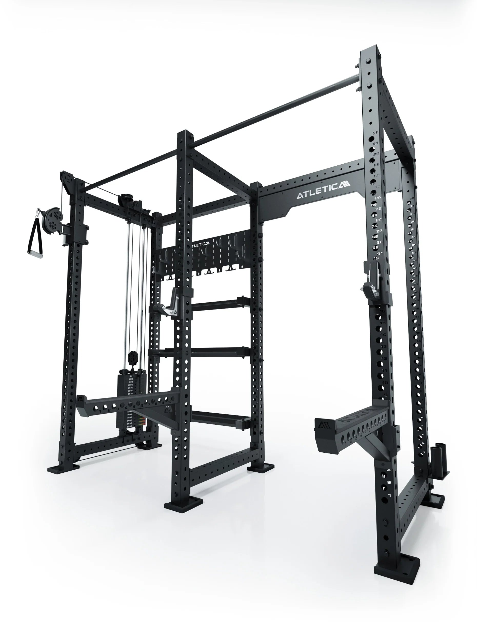 R8 Falcon L Power Rack in Schwarz – Kabelzug links mit Latzug, Klimmzugstange und Hantelscheibenablage