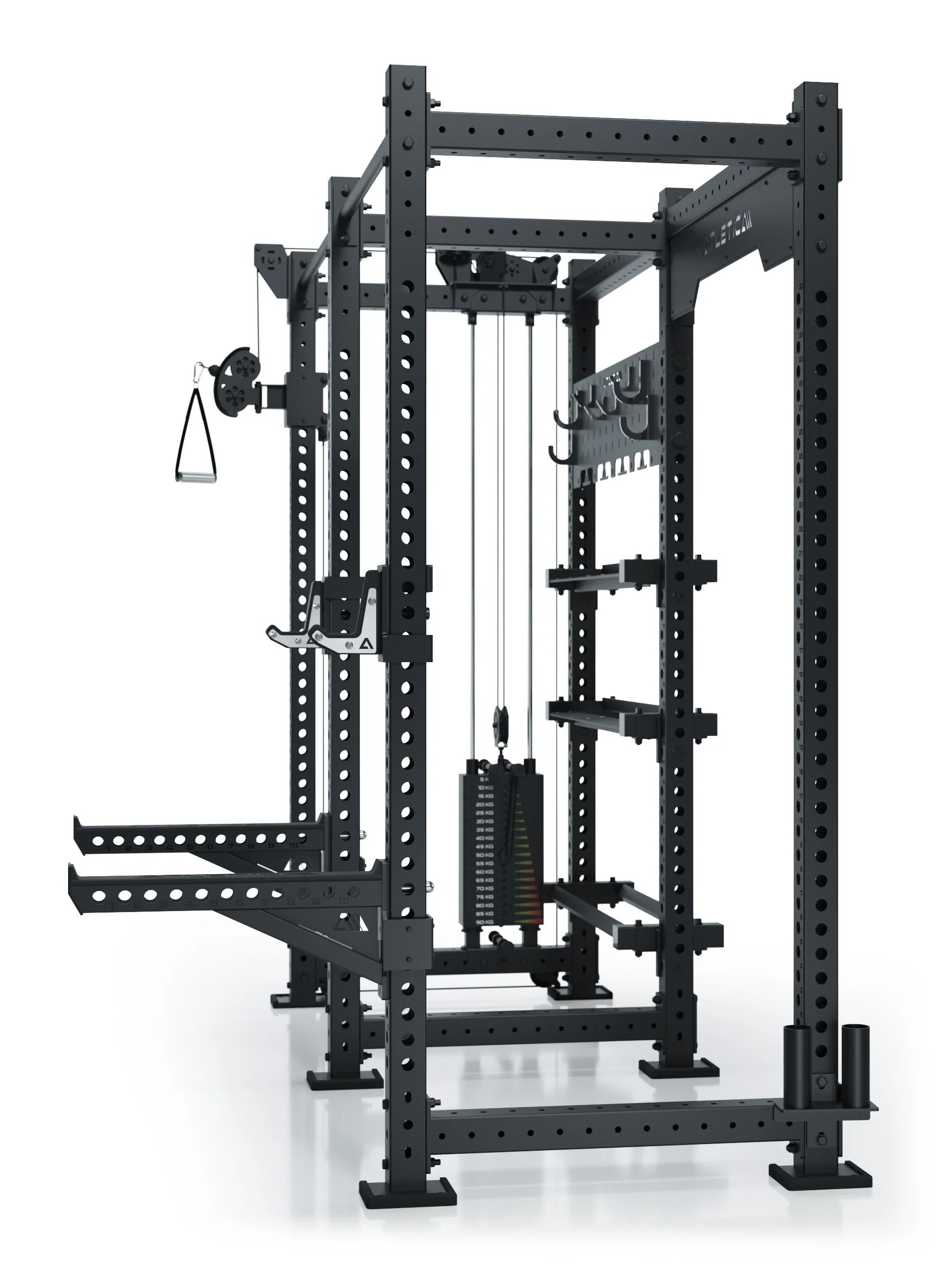 R8 Falcon L Power Rack in Schwarz – Detailansicht Kabelzug, Gewichtsblock und Hantelscheibenhalter