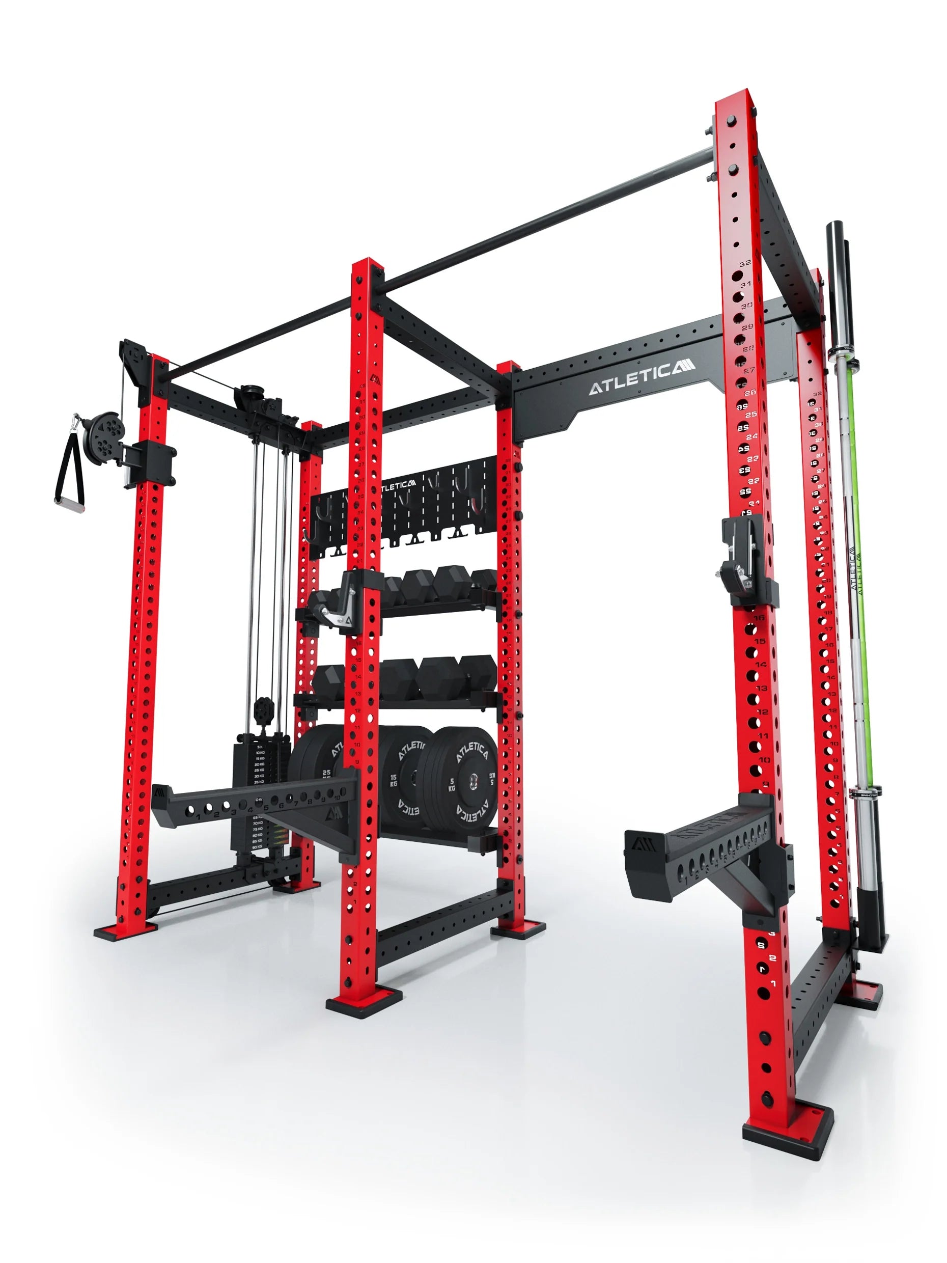 Atletica R8 Falcon L Power Rack in Sportscar Red mit Kabelzug, 95 kg Gewichtsblock, Klimmzugstangen und Storage-System für Hantelscheiben, Kurzhanteln und Langhanteln