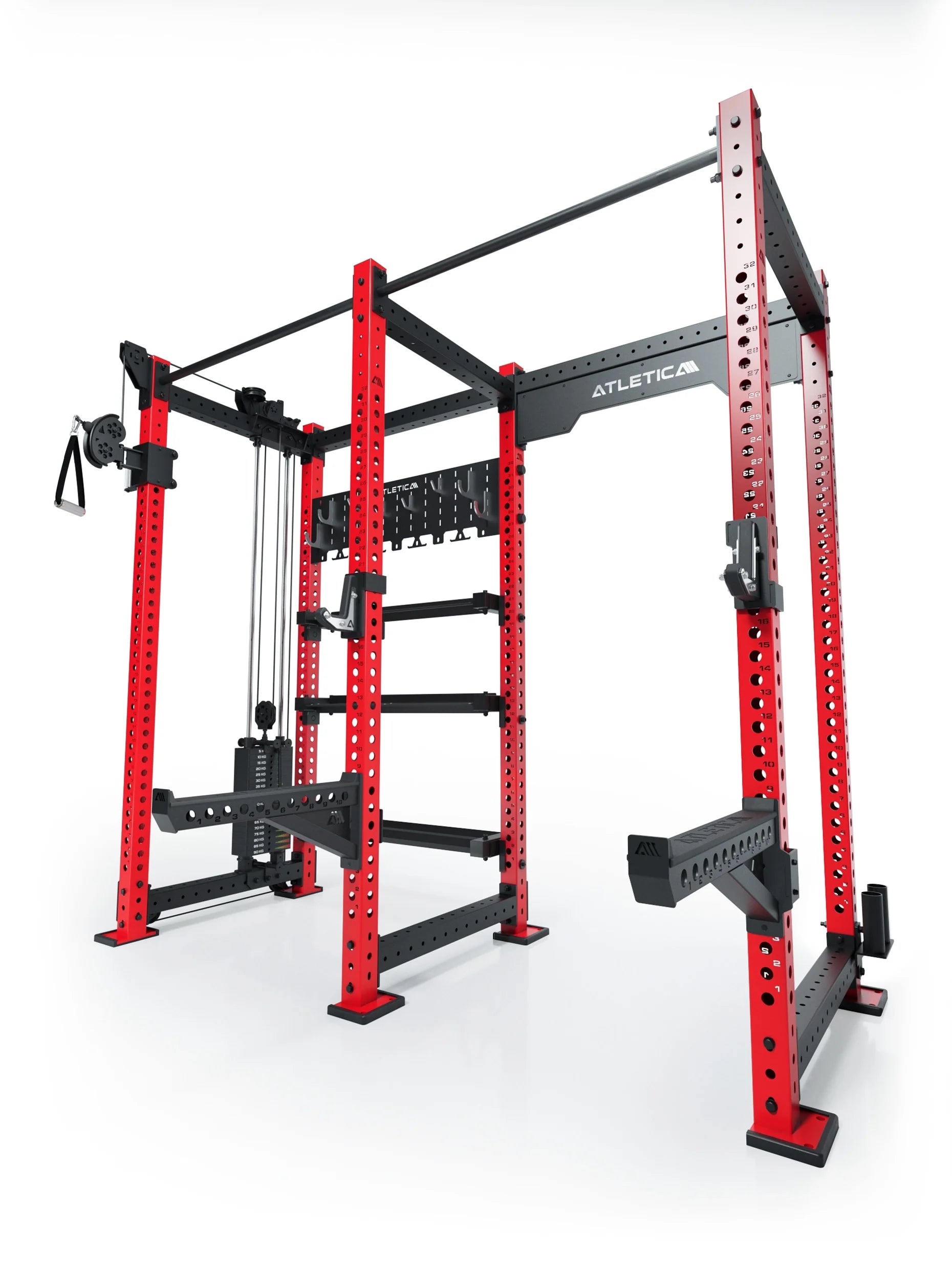 R8 Falcon L Power Rack in Sportscar Red – Kabelzug links mit Latzug, Klimmzugstange und Hantelscheibenablage
