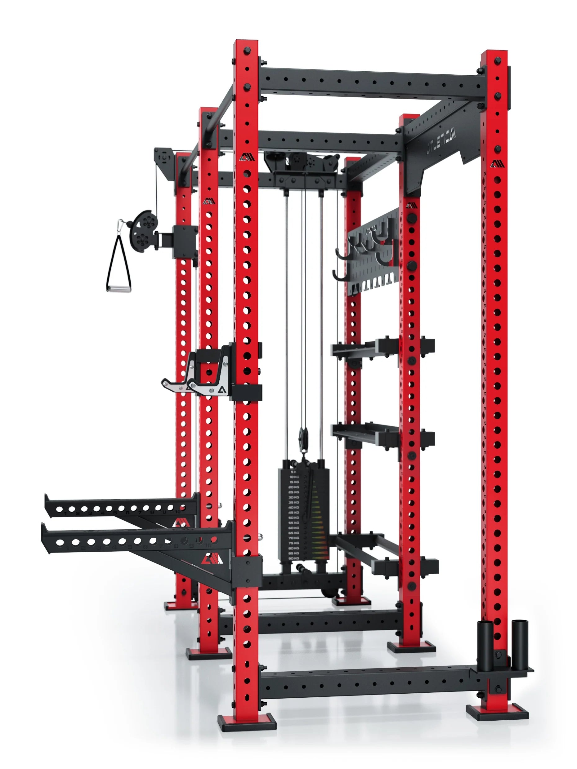R8 Falcon L Power Rack in Sportscar Red – Detailansicht Kabelzug, Gewichtsblock und Hantelscheibenhalter