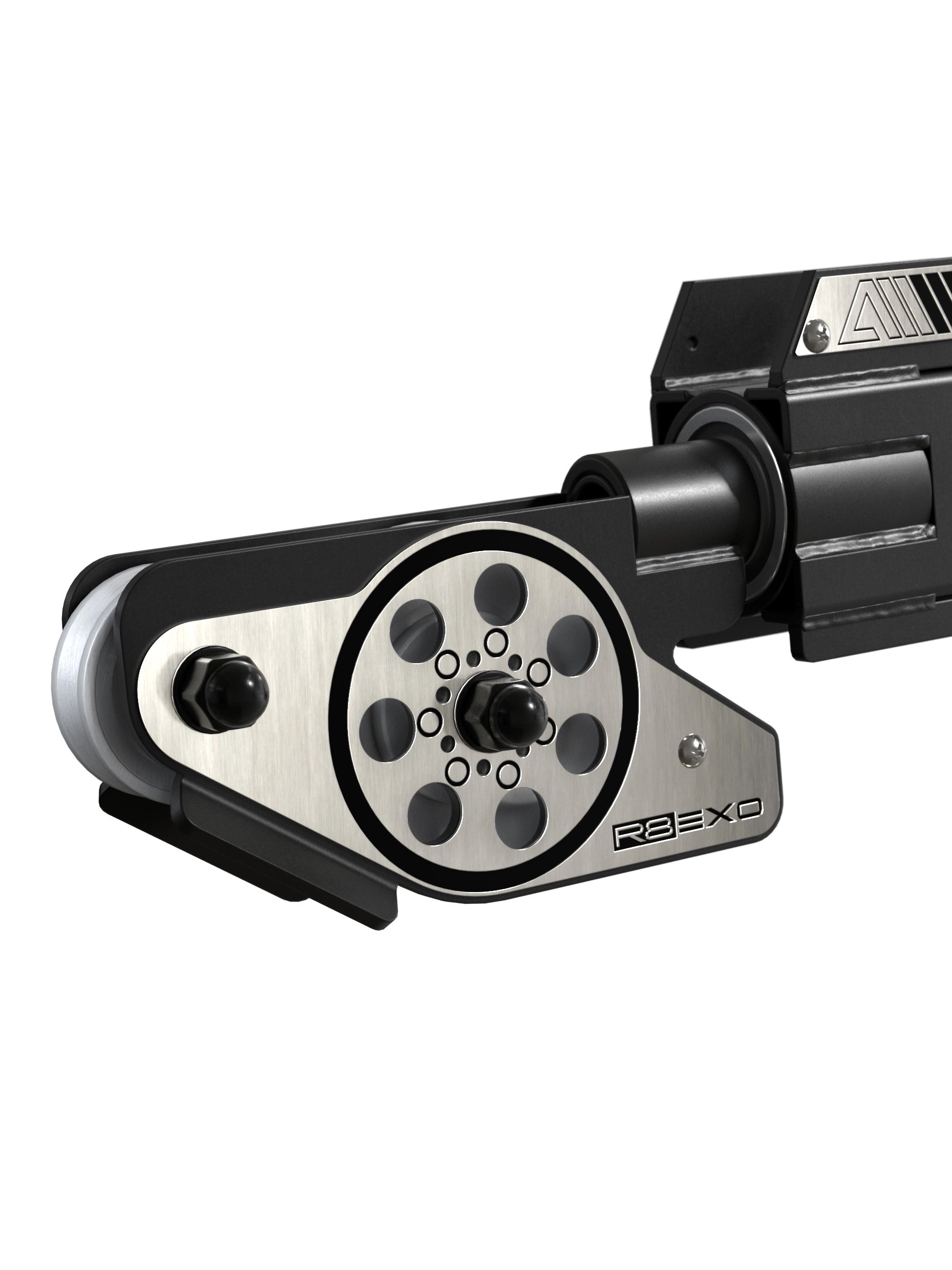 ATLETICA EXO Arms – Nahaufnahme 360° Kabelausgang mit Edelstahl-Verstellplatte, R8 EXO Logo