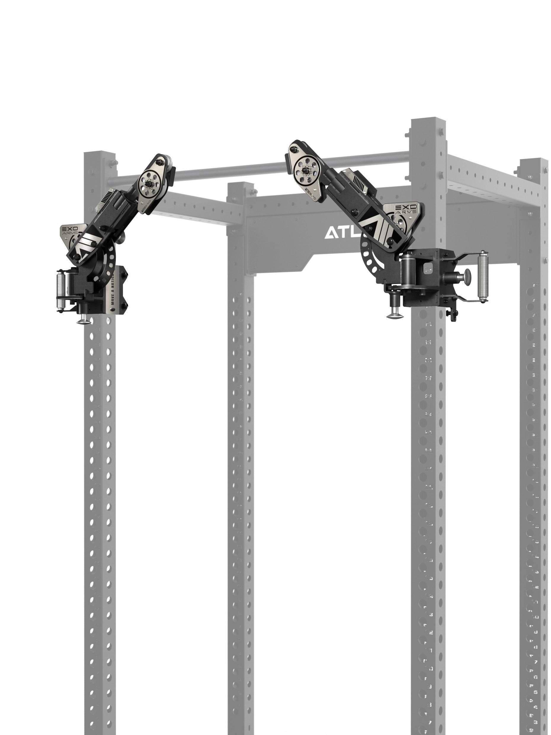 ATLETICA EXO Arms Paar – beide Arme am R8 Power Rack, horizontale Winkelverstellung sichtbar