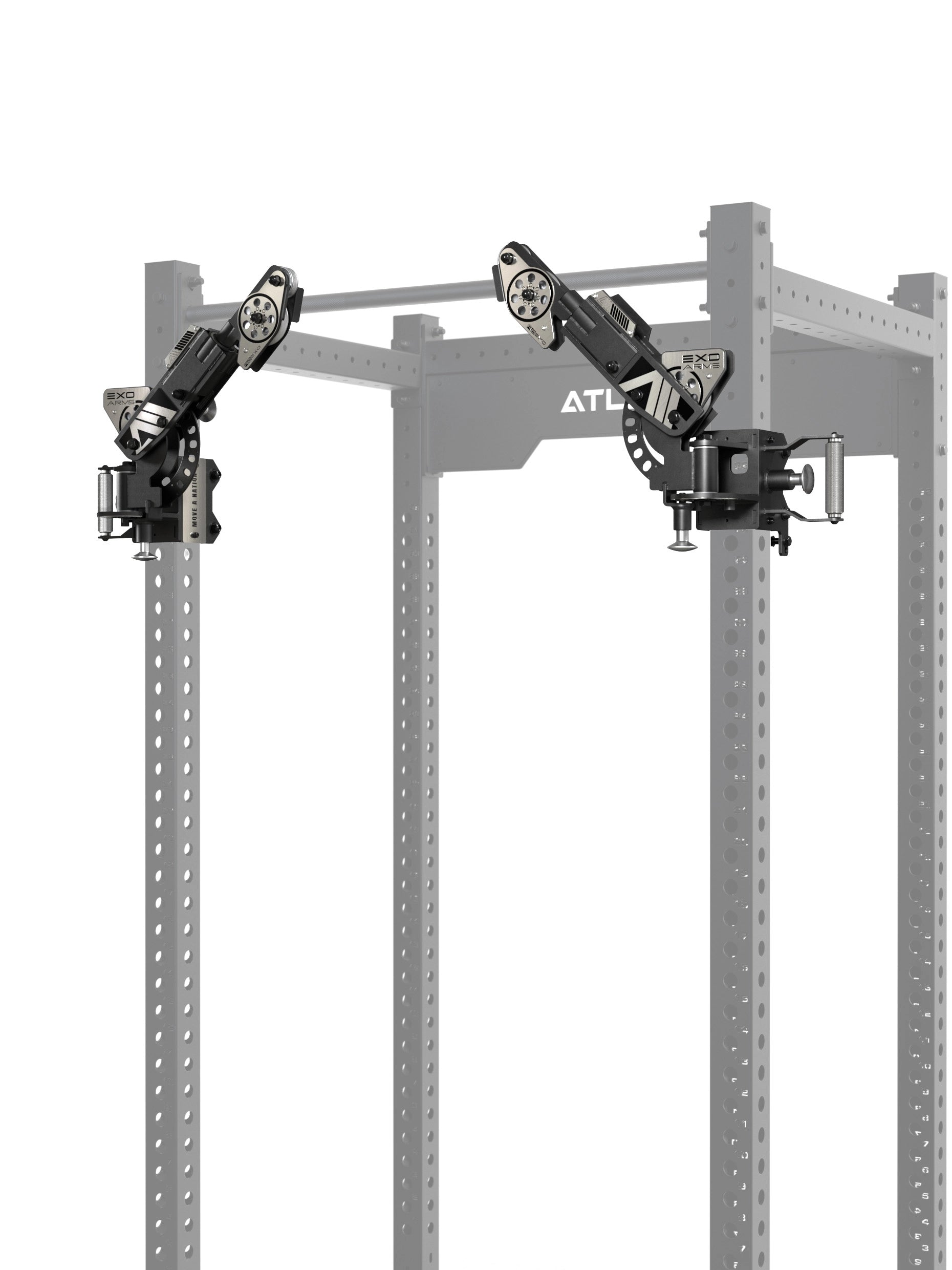 ATLETICA EXO Arms Paar – beide Arme am R8 Power Rack, horizontale Winkelverstellung sichtbar