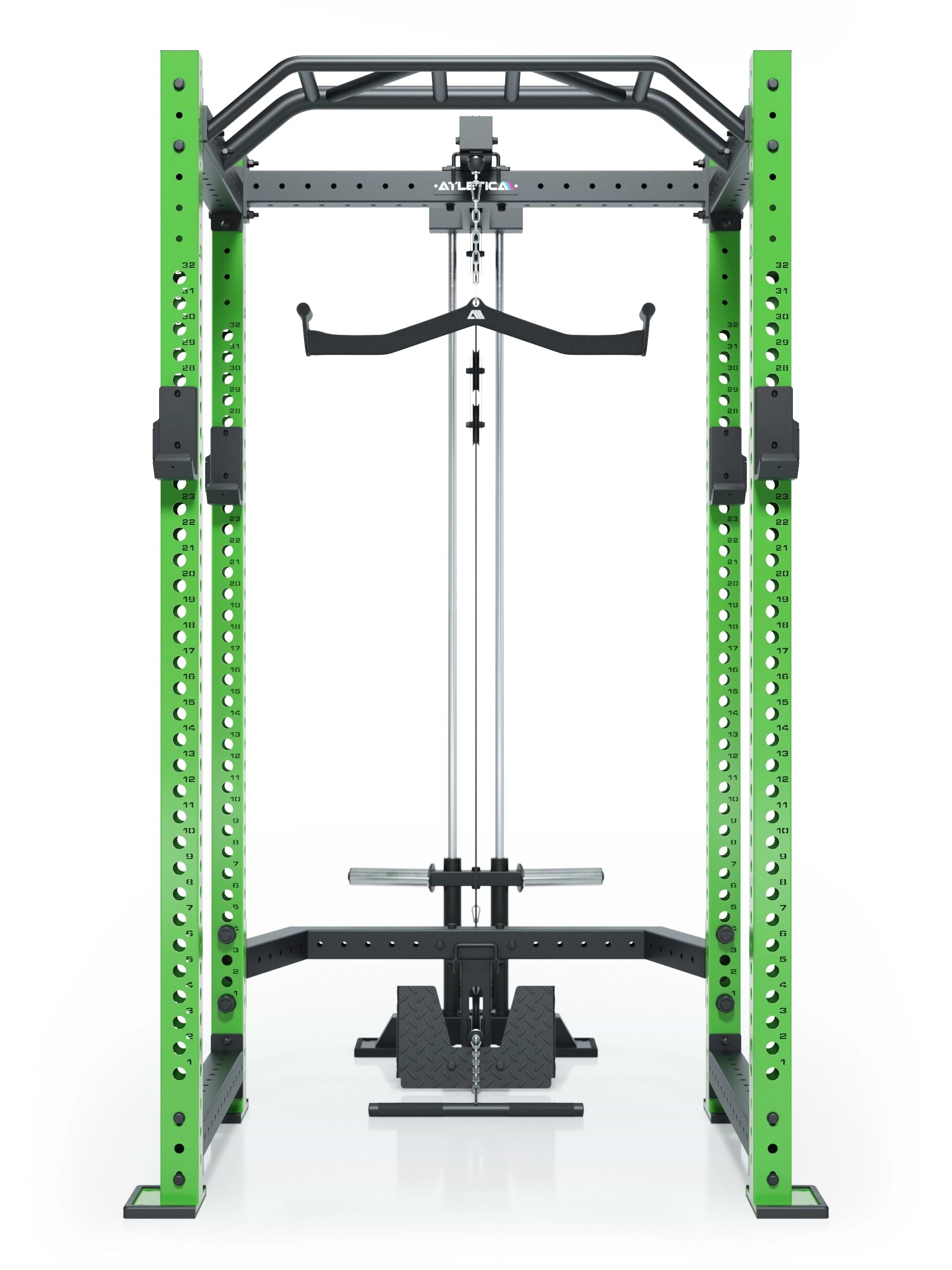 Atletica Power Rack R8 BlackHawk in Electric Green mit Klimmzugstange und Kabelzug
