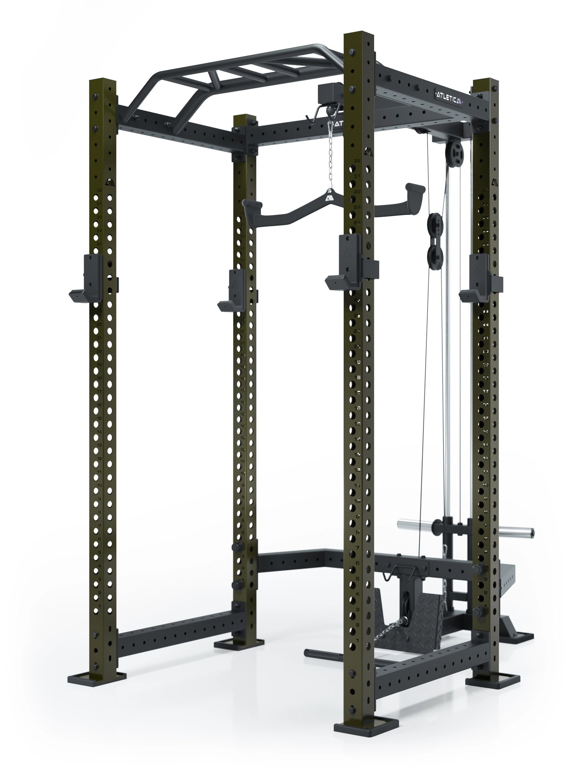Atletica Power Rack R8 BlackHawk in Military Green mit Klimmzugstange  und Kabelzug